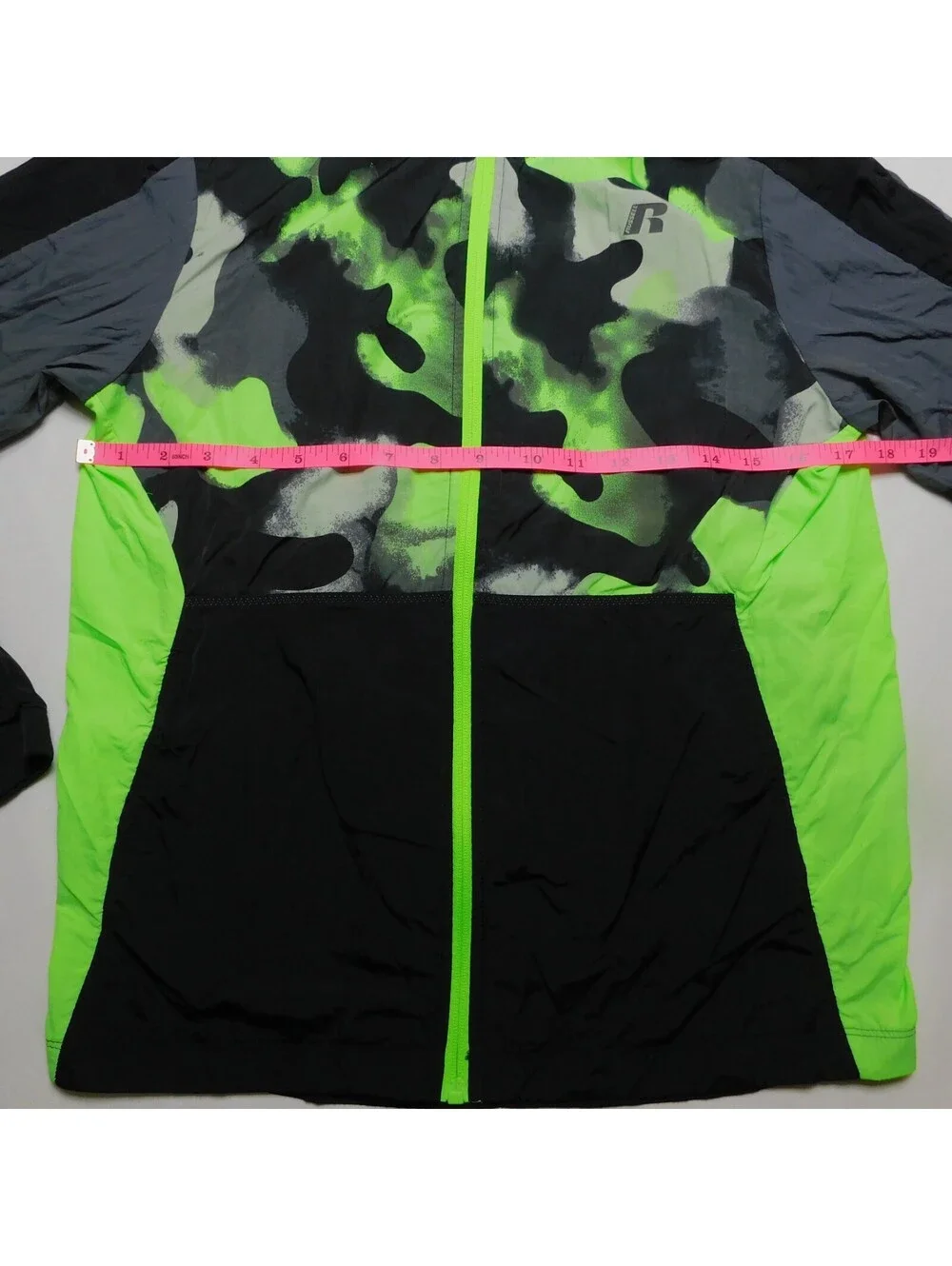 Russell Boys XXL 18 Windbreaker Jacket Camo Lime Green Black Hooded Full Zip Mes